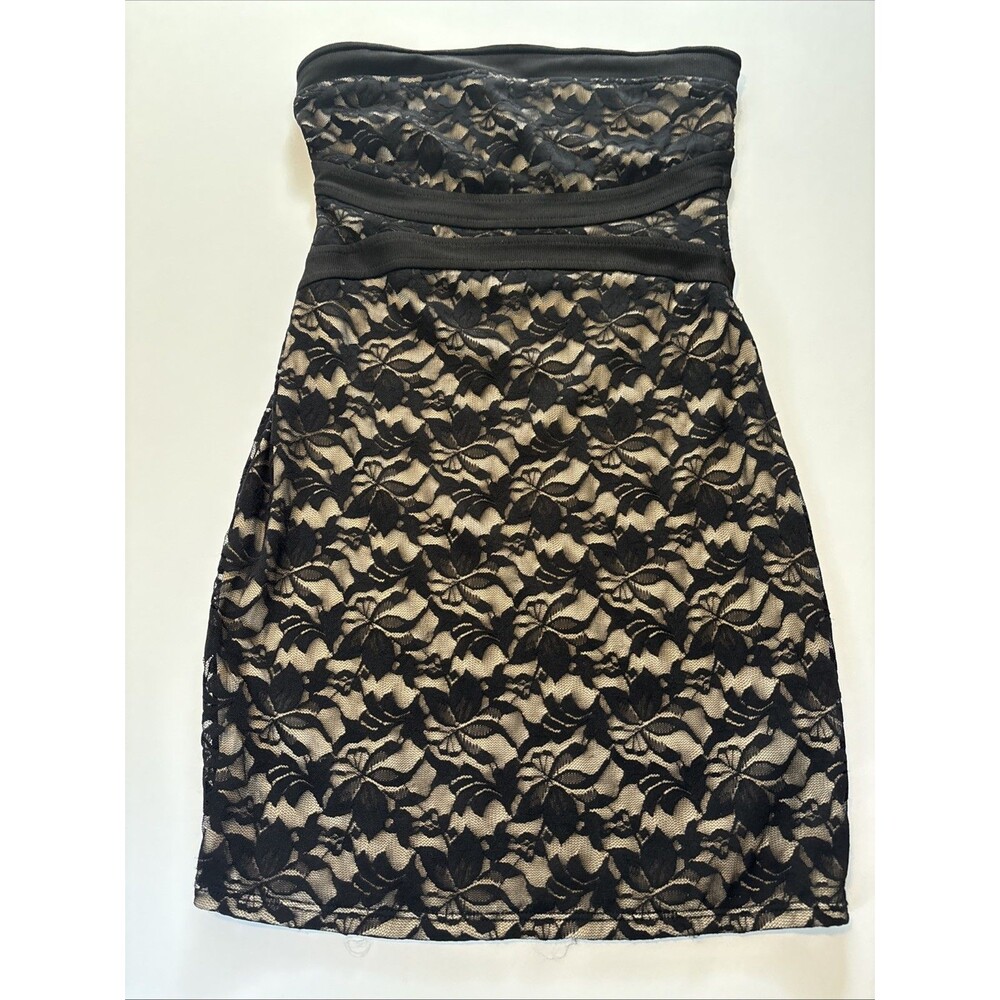 Guess Black Floral Lace Adjustable Strapless Dress Small